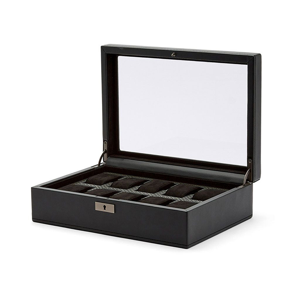 The WOLF 1834 Axis 10 Piece Watch Box, crafted by WOLF, is a sleek black leather case with a transparent glass lid, revealing multiple compartments lined in dark fabric for organized watch storage. Equipped with lock and key security, it combines elegance with protection to stylishly display your collection while keeping it safe.