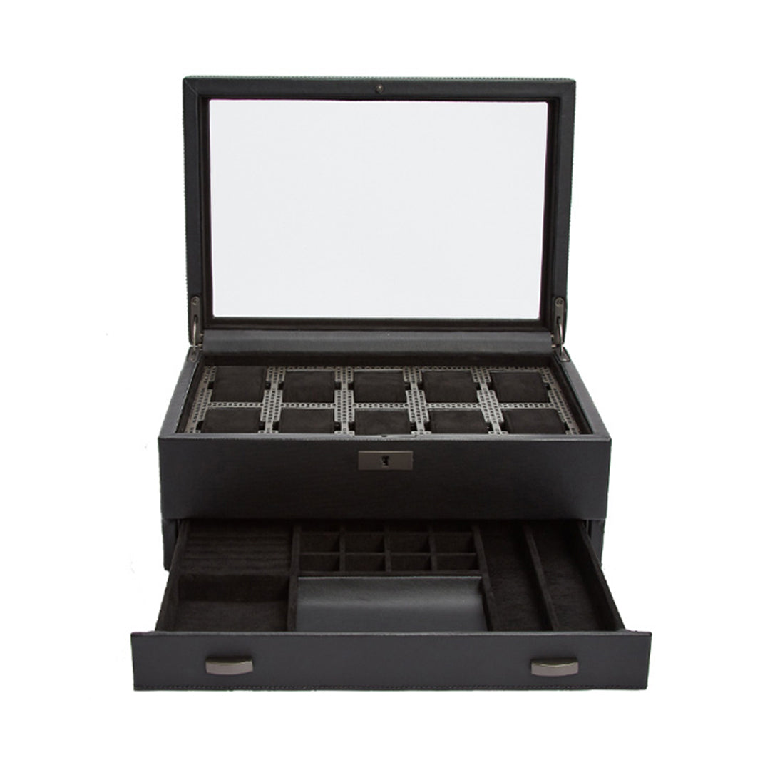 Opening the WOLF 1834 Axis 10 Piece Watch Box with Drawer provides a clear view through its transparent lid, showcasing multiple compartments for storing watches securely. Featuring lock and key security from the renowned brand WOLF, this elegant watch box also includes an open drawer below with extra small sections for accessories, ensuring all your watch storage needs are stylishly fulfilled.