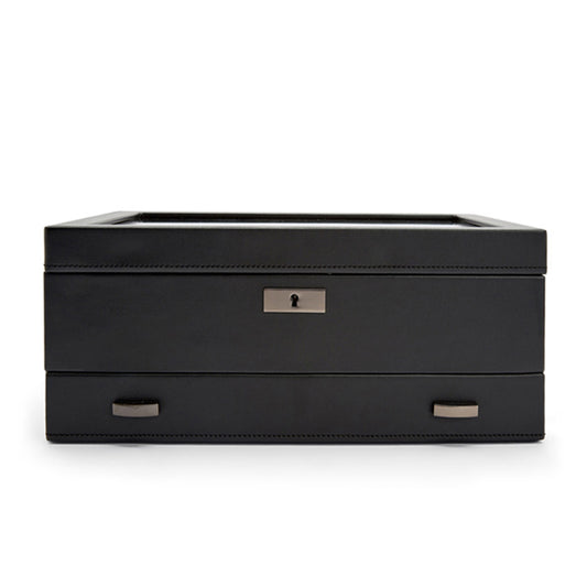 The WOLF 1834 Axis 10 Piece Watch Box with Drawer from WOLF boasts a sleek black leather exterior and secure lock-and-key functionality. Its minimalist design features two pull-out drawers tailored for watch storage, complete with metallic handles and a front keyhole to ensure your valuables remain stylishly secure.