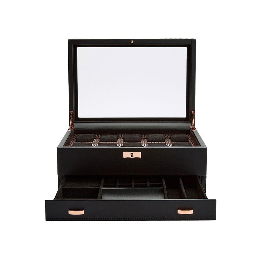 The WOLF 1834 Axis 10 Piece Watch Box With Drawer by WOLF is shown open on a white background, featuring a black finish, hinged glass lid, compartmentalized interior, and a pull-out drawer designed for watch storage.