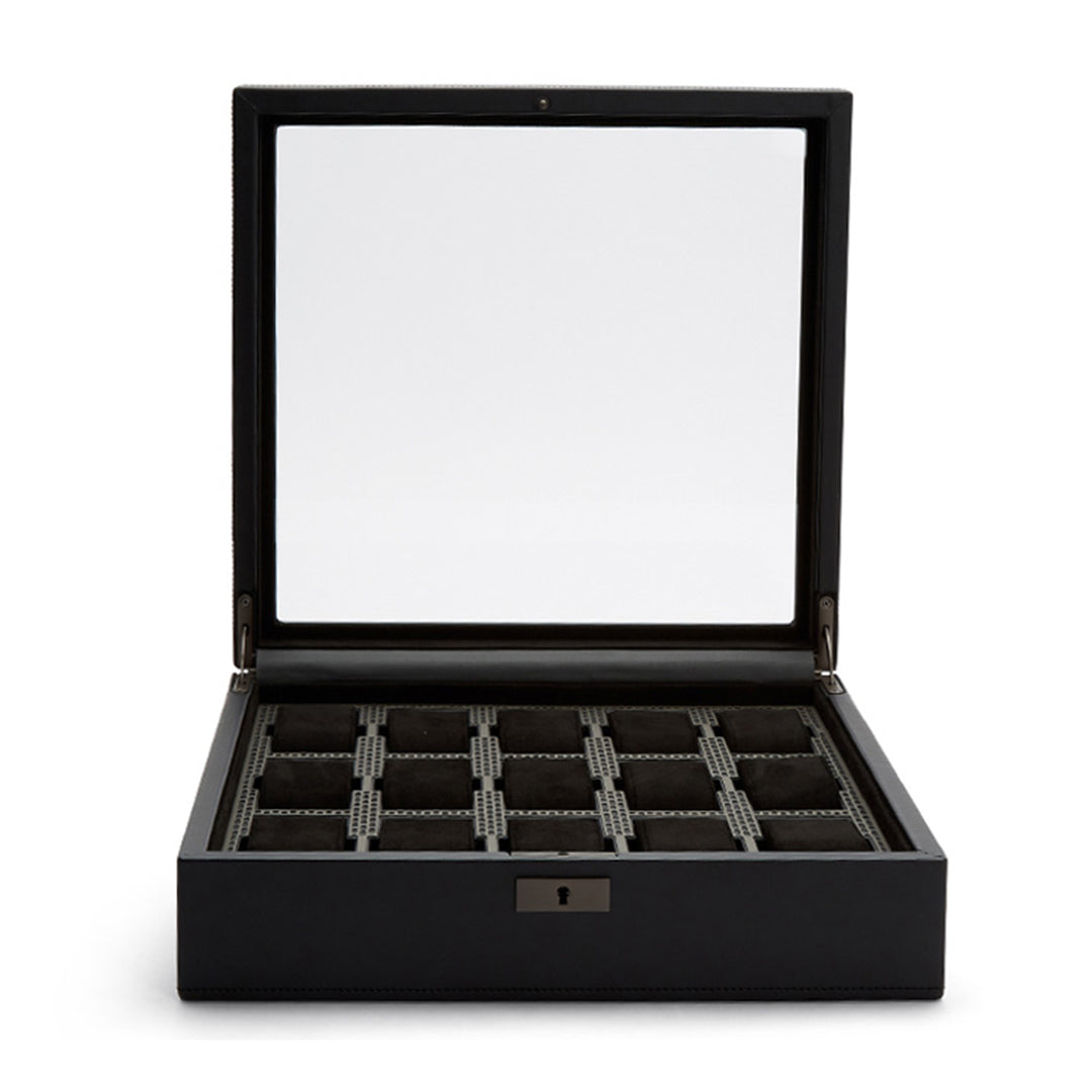 The WOLF 1834 Axis 15 Piece Watch Box by WOLF features a sleek black leather design with a transparent lid, offering fifteen compartments lined with dark fabric for stylish and sophisticated watch storage.