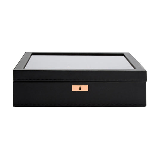 The WOLF 1834 Axis 15 Piece Watch Box is a stylish, black rectangular storage solution, featuring a transparent lid and a subtle gold keyhole on the front, perfectly combining lock and key security for both display and storage purposes.