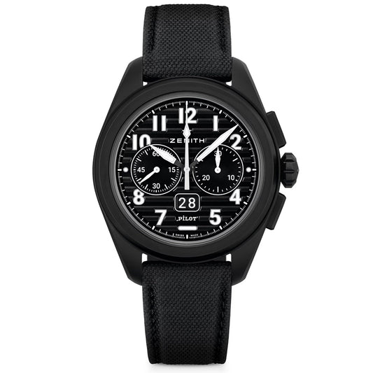 The Zenith Pilot Chronograph Flyback Big El Primero 3652 features a 42mm matte black ceramic case, fabric strap, large round dial with white Arabic numerals, luminous hands, two subdials, and a date display at 6 o'clock. Its prominent crown adds to its sophisticated style.