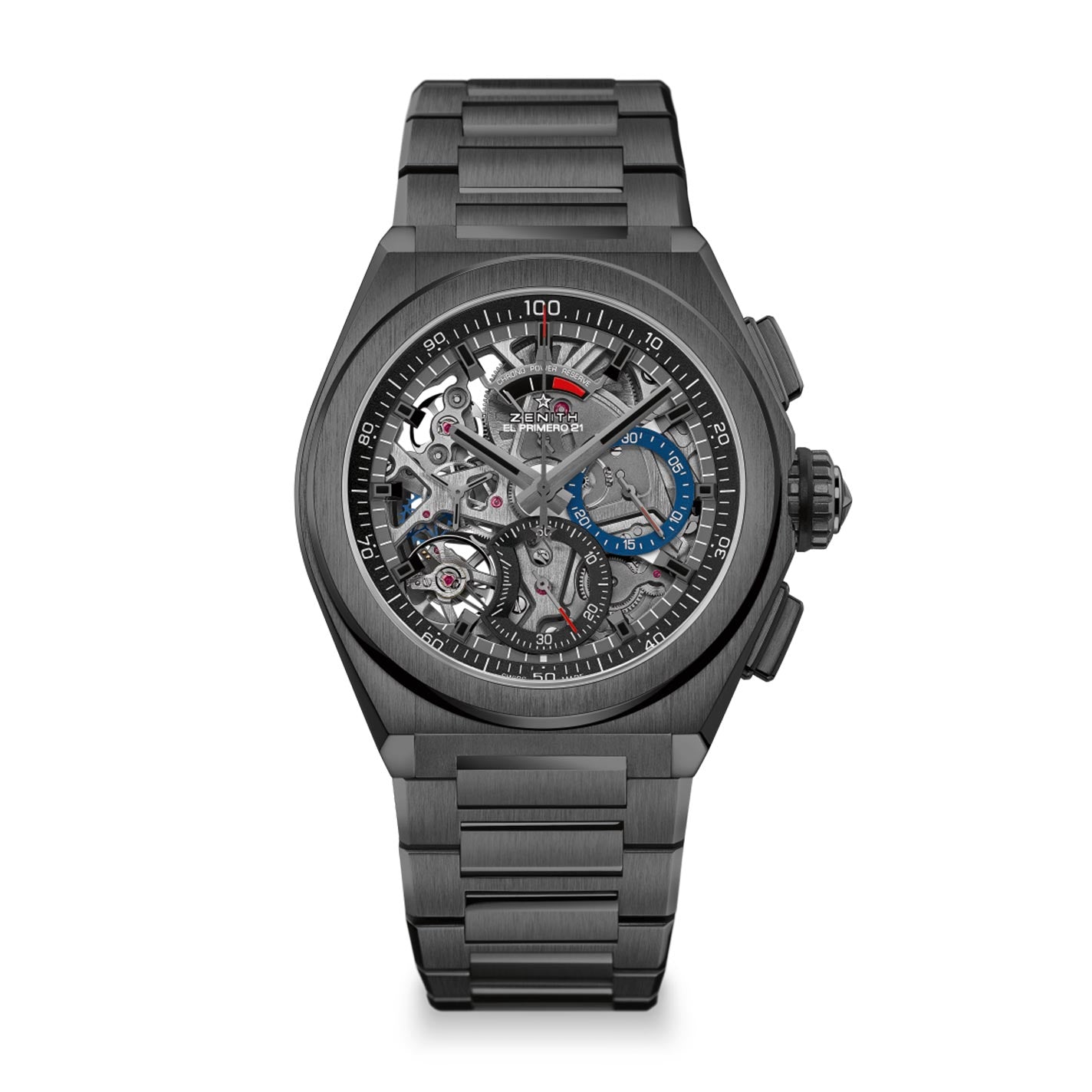 The ZENITH Defy 21 Skeleton El Primero 21 Automatic Chronograph Watch by Zenith features a sleek, modern design with a 44mm stainless steel strap and case. Its face showcases exposed mechanical elements, highlighting high-frequency escapements alongside gray and blue accents. With multiple subdials, it exudes a high-tech sophistication that aligns with the renowned El Primero 21 series.