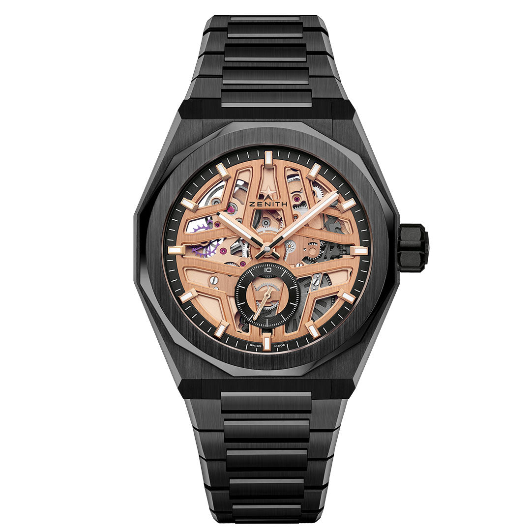 The ZENITH Defy Skyline Skeleton El Primero 3620 SK Automatic 41mm Watch by Zenith features a black ceramic case and band, openworked rose gold skeleton dial, black outer ring with gold markers, and a sub-dial at 6 o’clock.