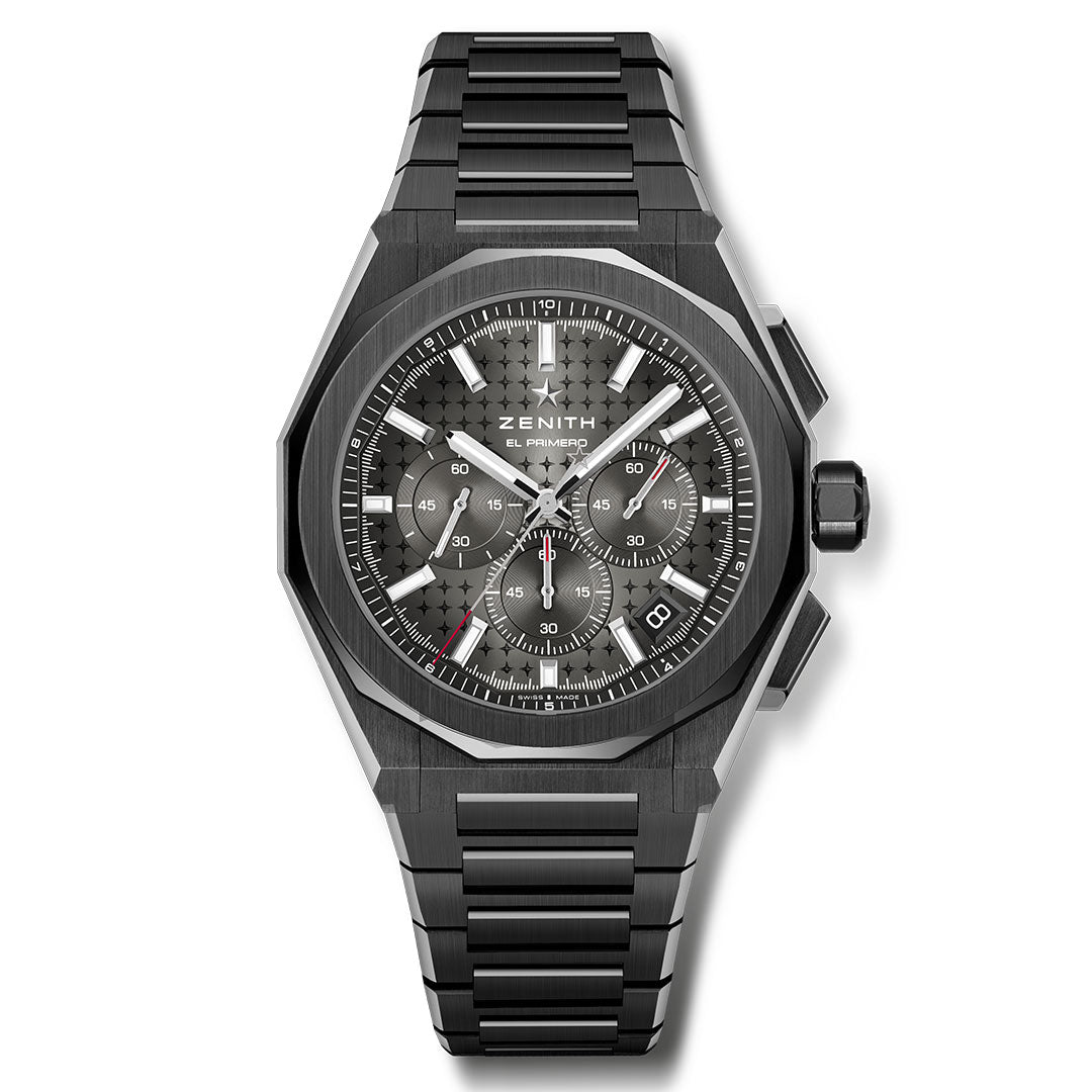 The Zenith Defy Skyline Chronograph El Primero 3600 Automatic 42mm features a black metal bracelet, octagonal bezel, textured grey dial with three subdials, date window, and white hour markers—a modern and sporty Zenith watch.