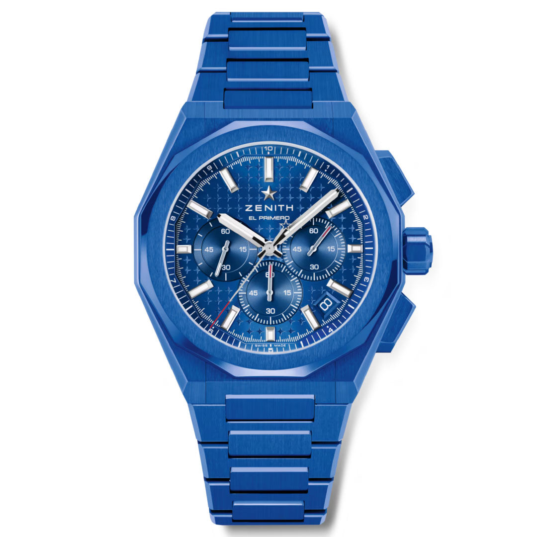 The Zenith Defy Skyline Chronograph 160th Anniversary Limited Edition El Primero 3600 42mm features a blue metal bracelet, blue dial with three subdials, white markers, and silver hands.