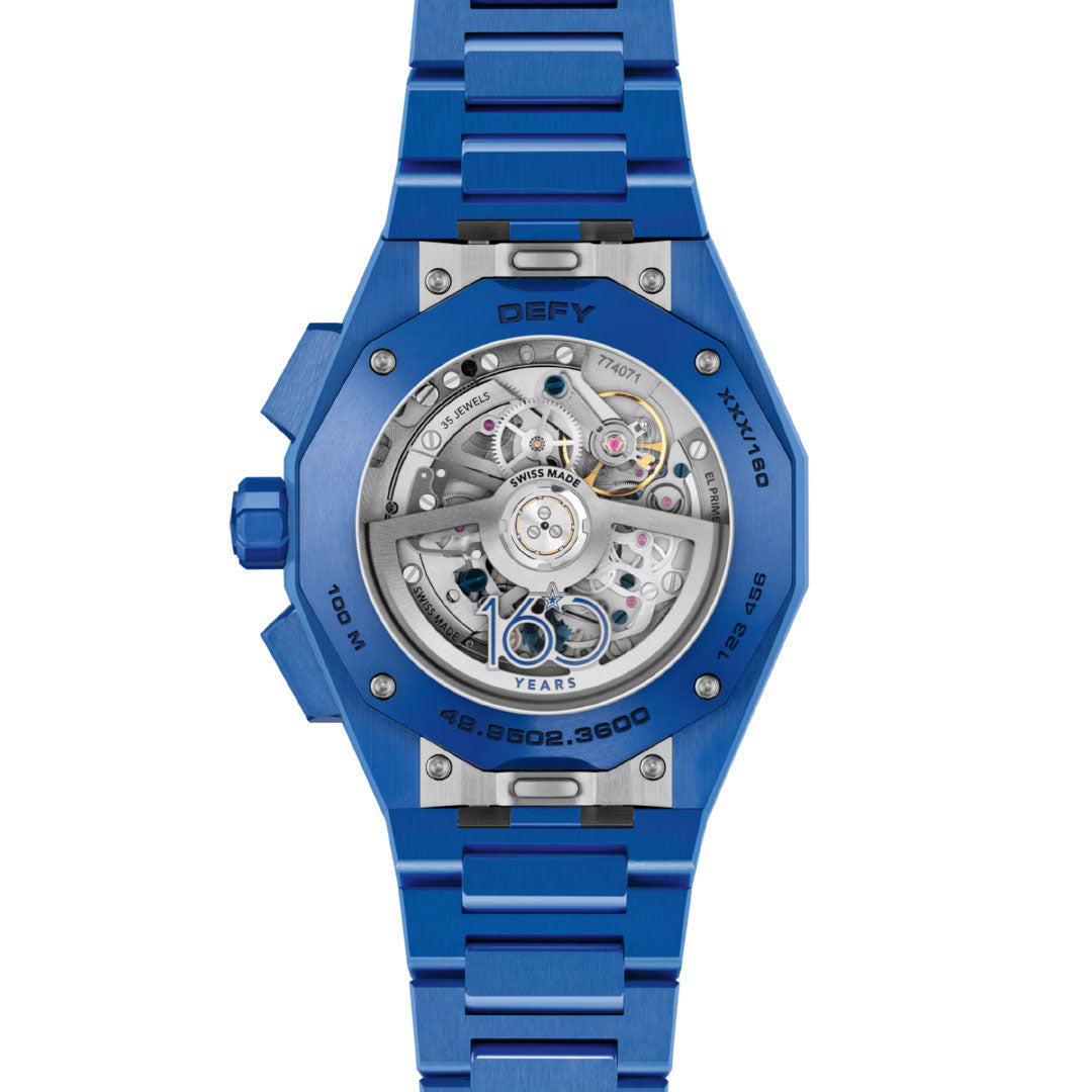 Back view of the Zenith Defy Skyline Chronograph 160th Anniversary Limited Edition El Primero 3600 42mm Watch, revealing its precise mechanical movement and commemorative engravings through a transparent case back—a celebration of Swiss craftsmanship.