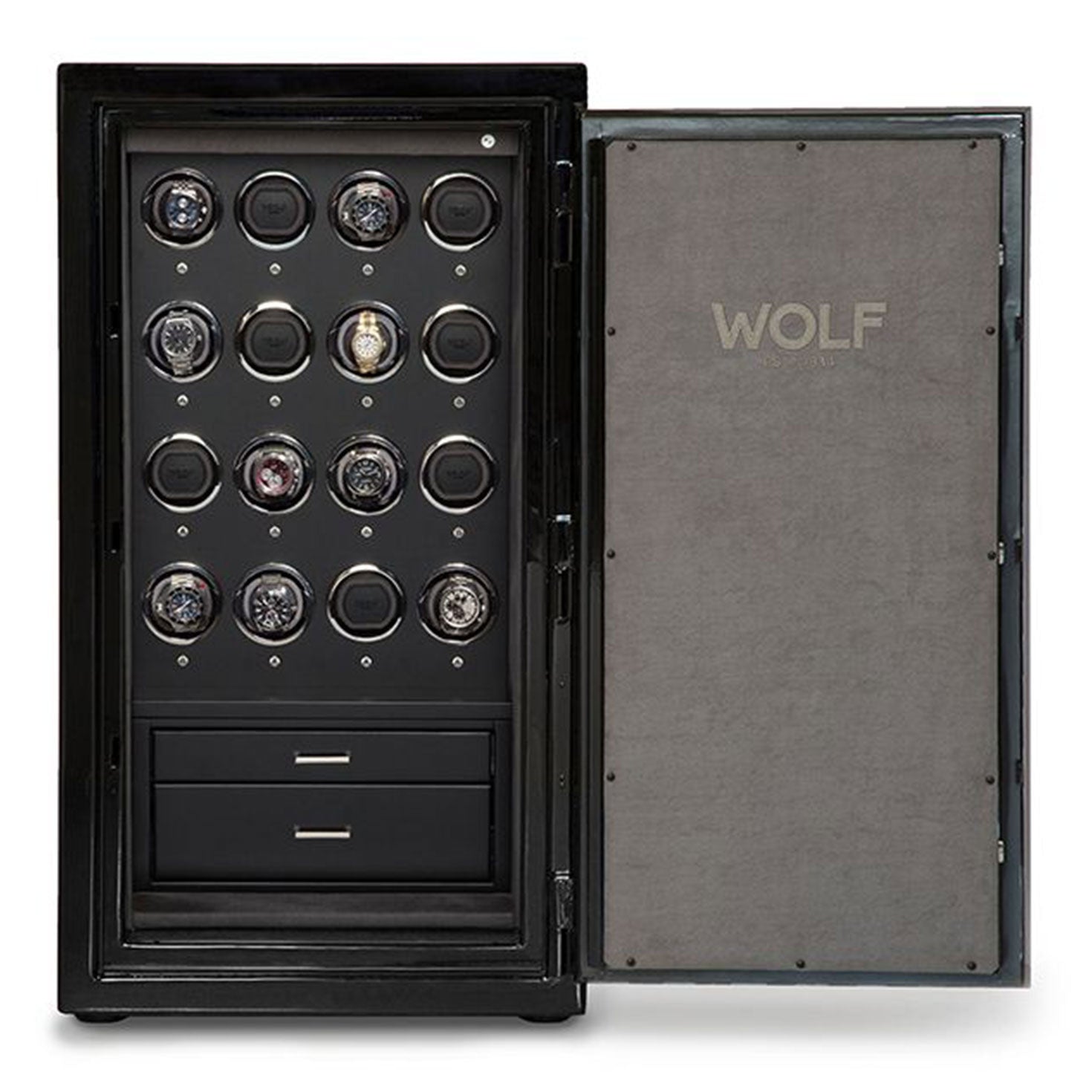 The WOLF 1834 Atlas 16 Piece Winder Safe is an open, black safe crafted from American steel, featuring multiple watch winders on its inner door. Inside, it displays several rows of circular compartments and includes two drawers at the bottom. The "WOLF" brand name stands out prominently, while its Bluetooth connected app compatibility adds to its convenience.