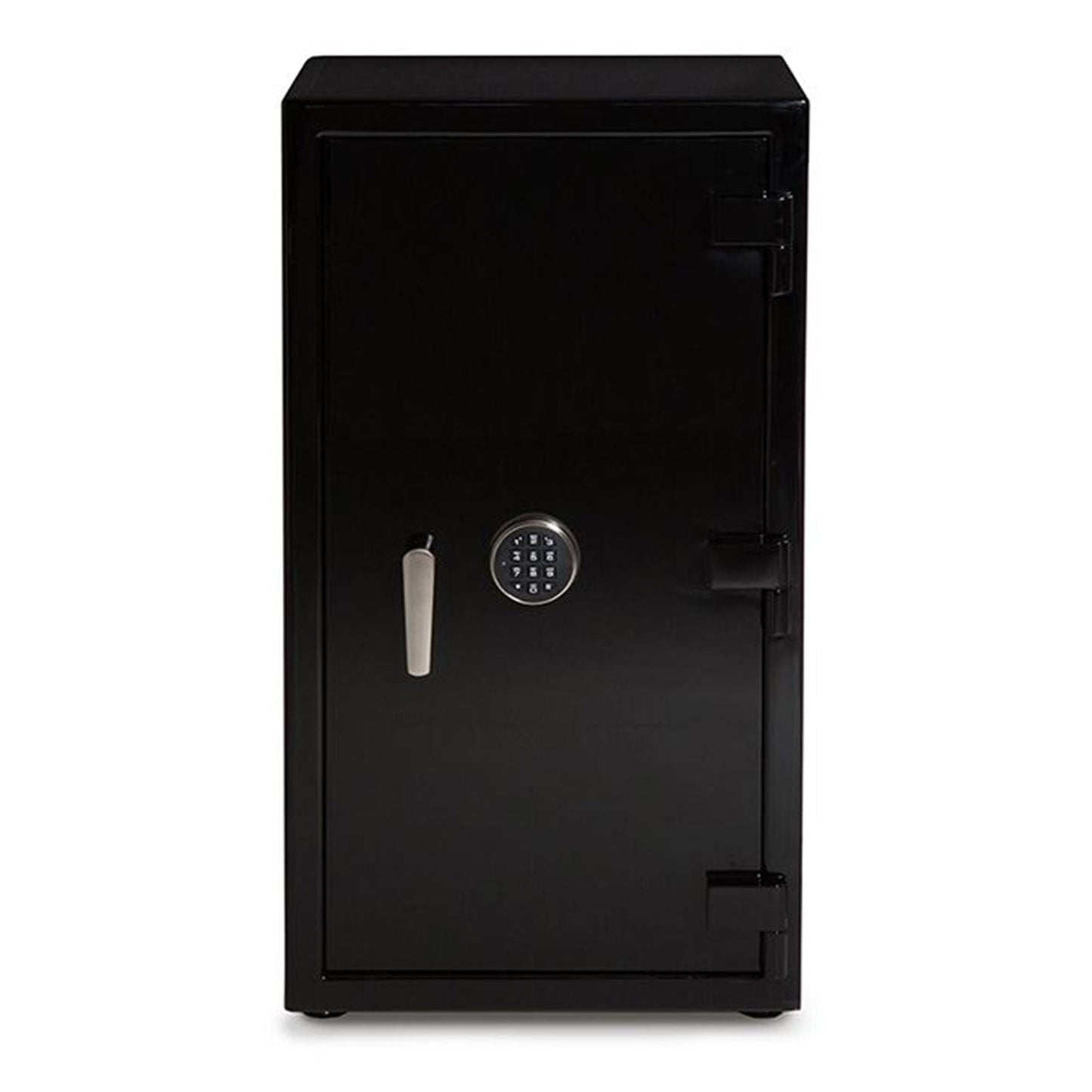 The WOLF 1834 Atlas 16 Piece Winder Safe from WOLF is a spacious black safe constructed with American steel. It features a silver handle and a digital keypad on the front for secure storage of valuable items. The safe stands on a white background, and its operation is enhanced with the convenience of management through an app connected via Bluetooth.