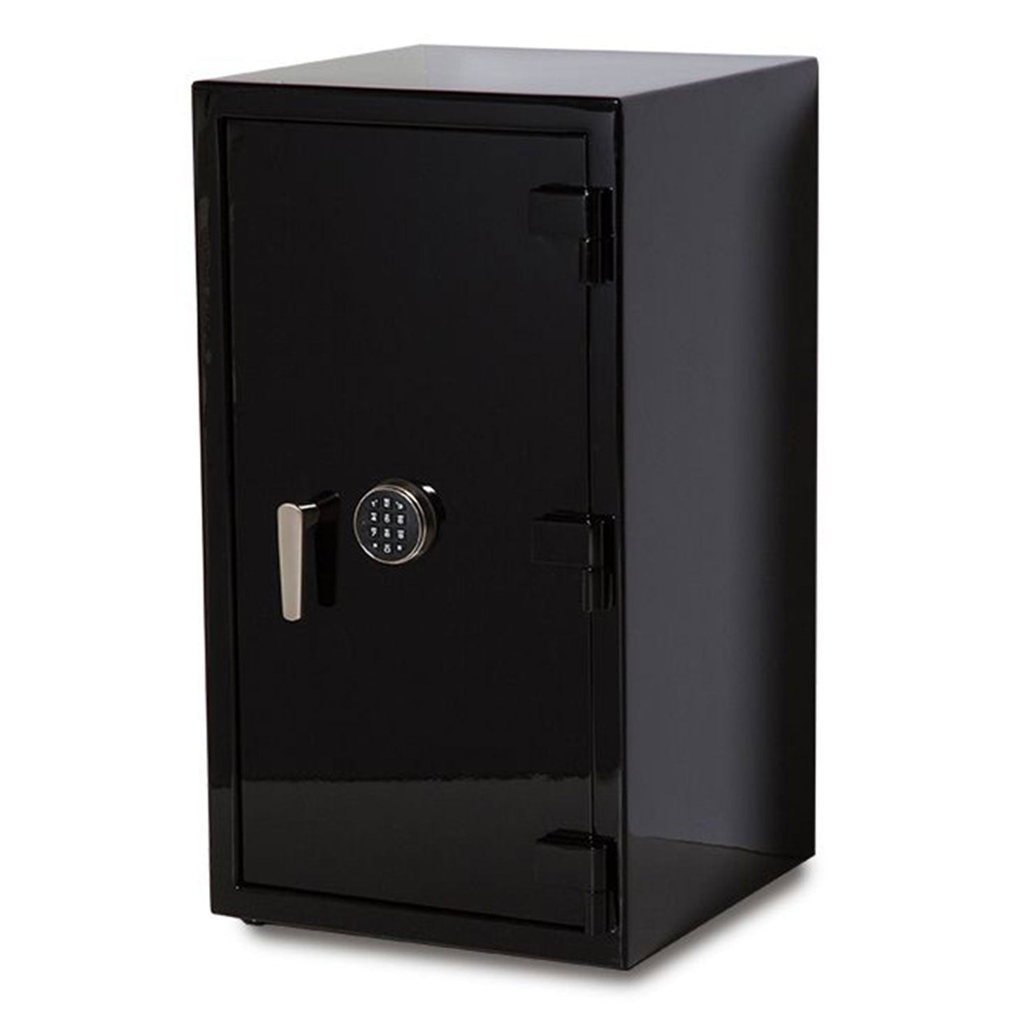 The WOLF 1834 Atlas 16 Piece Winder Safe, made from American steel, boasts a digital lock keypad and a silver handle on its front. This elegant safe is securely closed and stands upright against a white background.