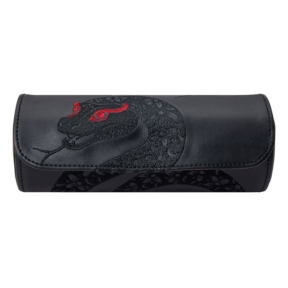 The WOLF 1834 Lunar Triple Watch Roll by WOLF is a black leather Chinese New Year edition featuring an embroidered black snake with red eyes and subtle floral patterns—an ideal special edition gift box for treasured timepieces.