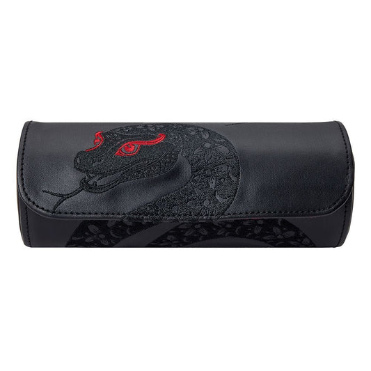 The WOLF 1834 Lunar Triple Watch Roll by WOLF is a black leather Chinese New Year edition featuring an embroidered black snake with red eyes and subtle floral patterns—an ideal special edition gift box for treasured timepieces.
