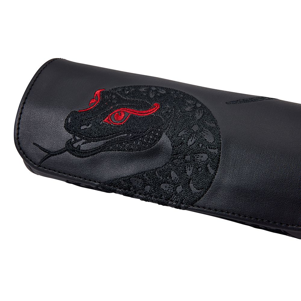 The WOLF 1834 Lunar Triple Watch Roll by WOLF is a black leather case featuring an embroidered black snake with striking red eyes and tongue, making it a distinctive special edition gift box.