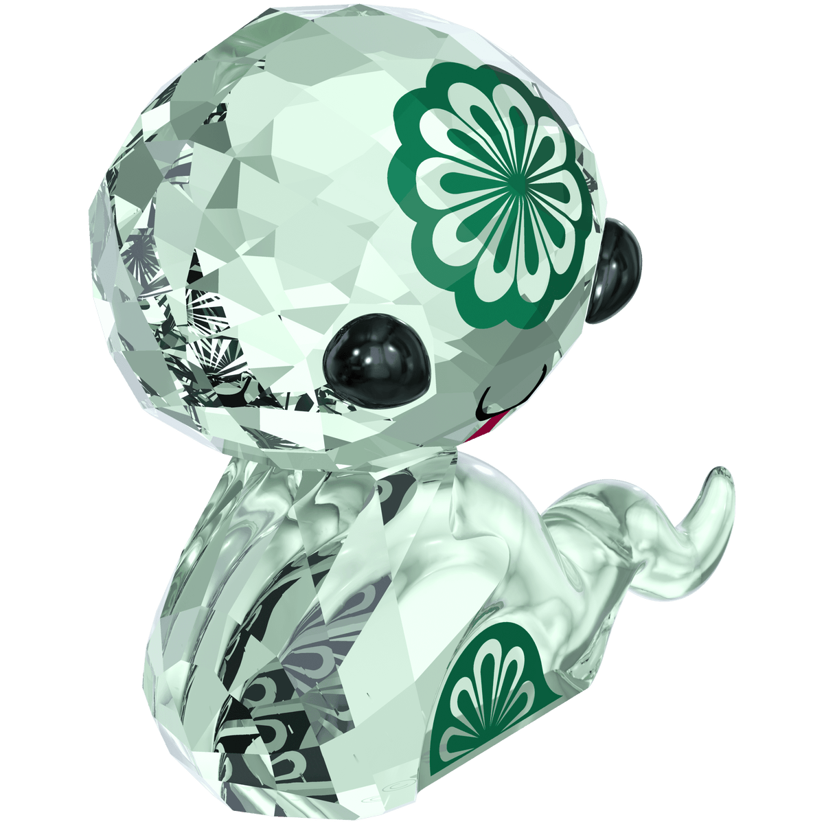 The Swarovski Zodiac - Hebi the Snake by Swarovski is a crystal figurine featuring a cute, round-faced snake with black eyes, a pink smile, and green floral patterns on its head and body, sitting upright with a raised tail—part of the charming Swarovski Zodiac collection from Swarovski Canada.