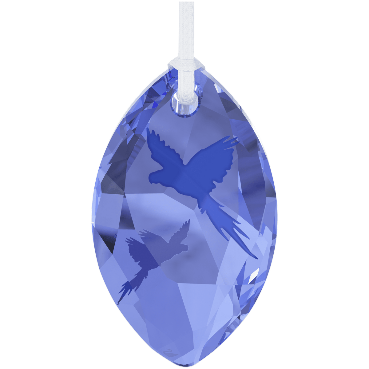 A faceted, oval-shaped blue crystal pendant featuring a parrot silhouette is suspended from a white ribbon against a plain background—an elegant Swarovski SCS Ornament by Swarovski, available through an authorized retailer in Swarovski Canada.