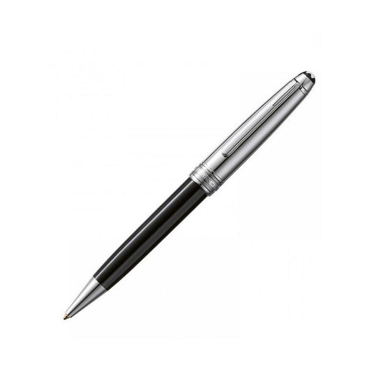 The Montblanc Meisterstuck Solitaire Doue Stainless Steel Ballpoint Pen showcases a black and silver design complemented by a metallic clip. Its sleek, glossy body tapers elegantly towards the writing tip and is artfully set diagonally against a white background.