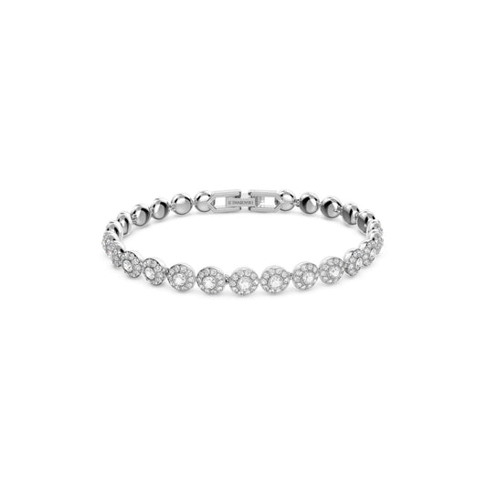 The Swarovski Pavé Crystal Angelic Bracelet, by the renowned brand Swarovski, is a stunning piece featuring a series of glittering diamond-studded links adorned with crystal pavé for added brilliance. This rhodium-plated bracelet is elegantly displayed against a plain white background.