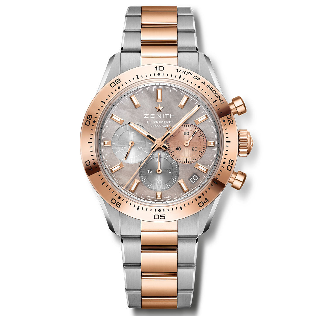 The ZENITH Chronomaster Sport El Primero 3600 Automatic Chronograph 41mm Watch features a silver and rose gold metal band, rose gold bezel, gray dial with three subdials, and the Zenith brand name on the face.