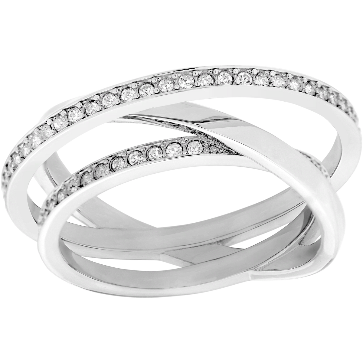 Featuring three intertwined silver bands, two embellished with rows of sparkling clear crystals along the top, the Swarovski Spiral Ring White (Size 50) offers an elegant and contemporary jewelry design reminiscent of iconic Swarovski style. Displayed against a white background, this stunning piece is available at Raffi Jewellers and exemplifies the refined craftsmanship for which Swarovski is renowned in Canada.