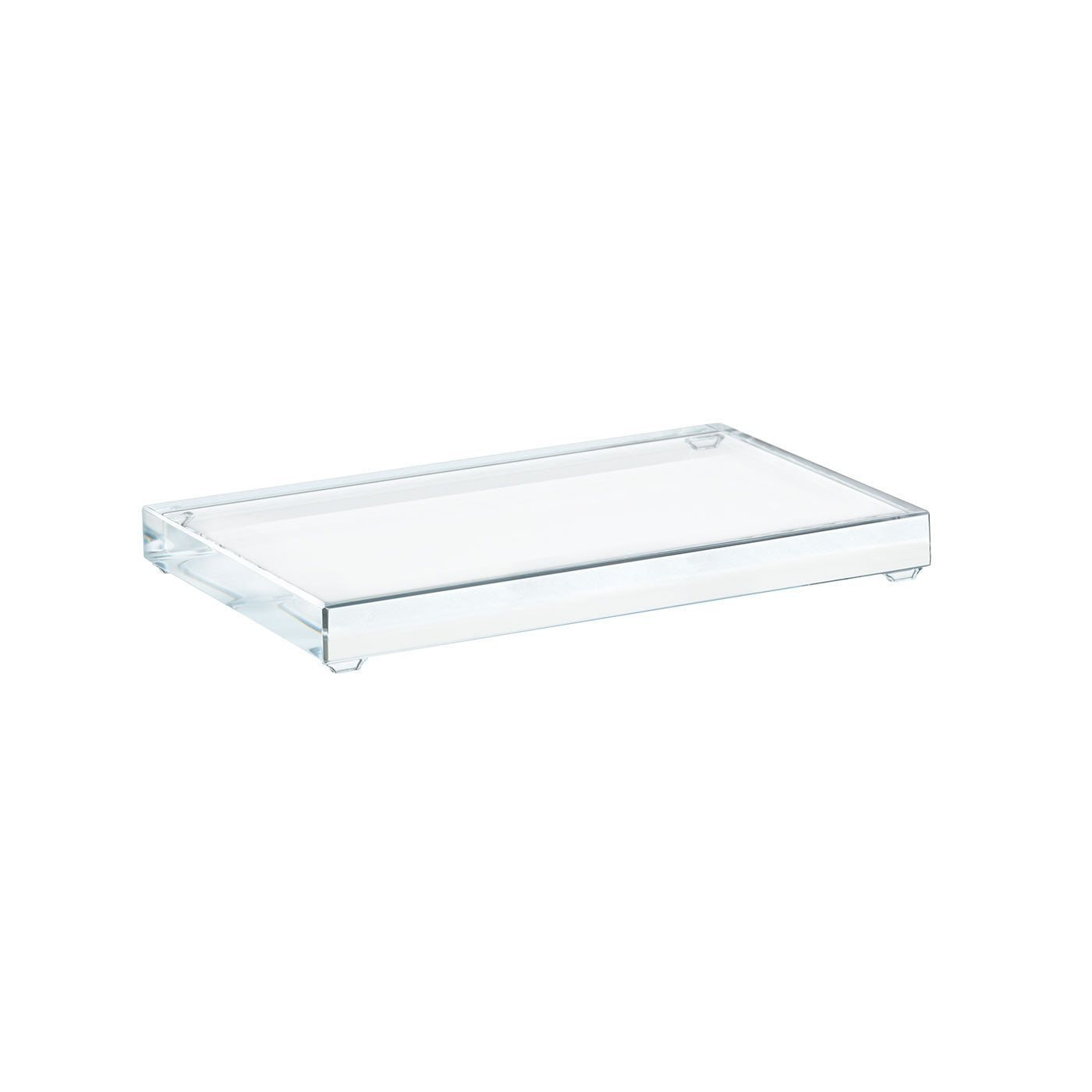 The Swarovski Large Crystal Base Tray, a clear rectangular acrylic piece with raised edges, sits elegantly on a plain white background.