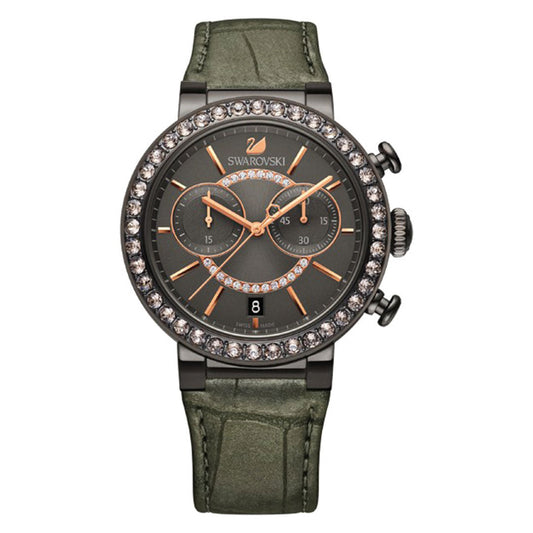 The Swarovski Citra Chrono Quartz 38mm Watch showcases a sophisticated design with a dark green leather strap and a round black face accented in rose gold. It includes two subdials, a date window, and a bezel embellished with gleaming crystals, all driven by accurate quartz movement.
