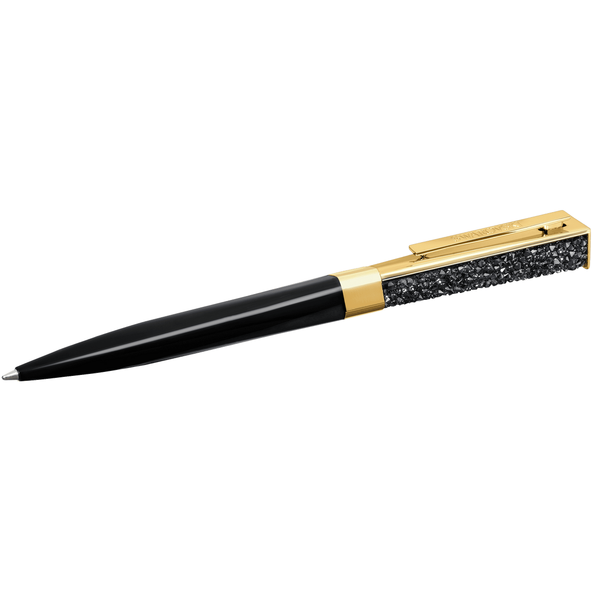 Introducing the Swarovski Stellar Pen BLACK/GOLD by Swarovski, a luxurious pen featuring an elegant black and gold finish with a jeweled textured design on the upper barrel, reminiscent of classic Swarovski sophistication, beautifully showcased against a plain white background.