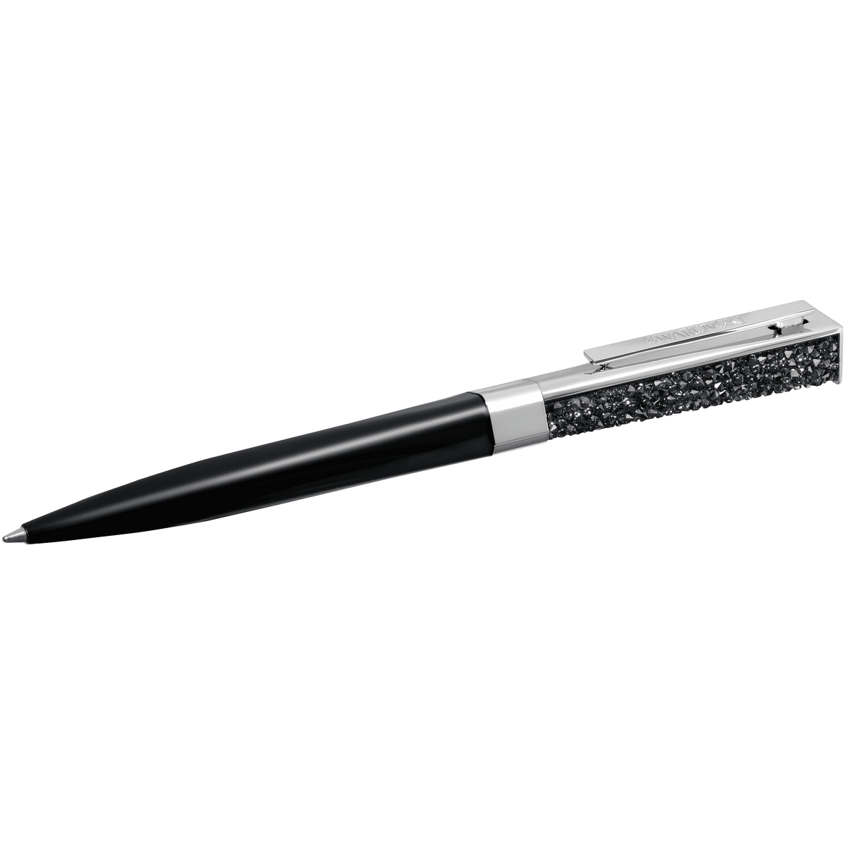 The Swarovski Stellar Pen BLACK/SILVER by Swarovski features a sleek black body with a silver clip and a textured, embellished section near the top, set against a plain white background. This sophisticated writing instrument, available at Raffi Jewellers, showcases the signature sparkle and elegance of Swarovski Canada.
