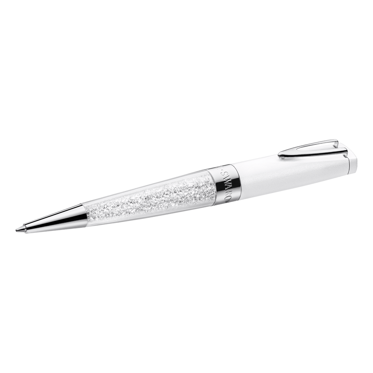 A Swarovski USB Pend Crystaline Stardust White by Swarovski, featuring a white and silver design with a crystal-filled barrel inspired by the Crystaline Stardust White collection, a metallic clip, and sleek modern detailing, displayed on a plain light background.