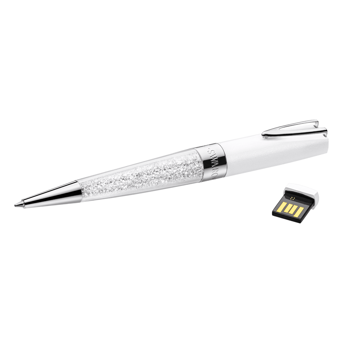A Swarovski USB Pend Crystaline Stardust White by Swarovski, featuring a silver and white pen with a transparent crystal-filled section inspired by the Crystaline Stardust White design, is shown beside its matching Swarovski USB flash drive with the cap removed.