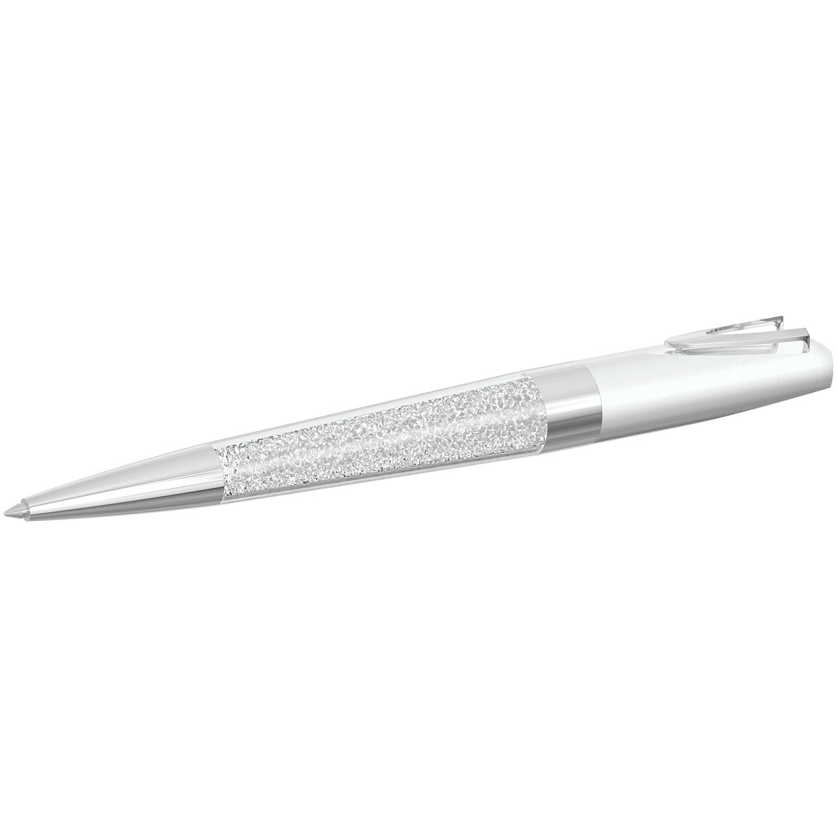 A Swarovski USB Pend Crystaline Stardust White by Swarovski, featuring a shimmering, textured grip inspired by crystalline stardust and a polished metallic clip, displayed against a plain white background.