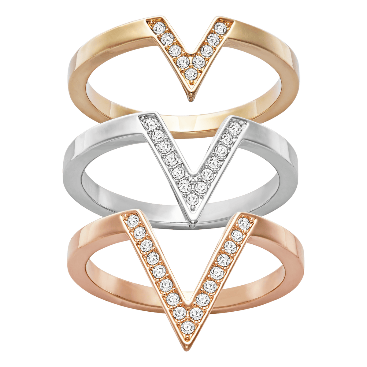 Three V-shaped rings are stacked vertically—gold on top, silver in the middle, and rose gold at the bottom. Each band in the SWAROVSKI DELTA Ring Set Tri-Colour (Size 58) by Swarovski is embellished with small, clear gemstones along the V shape, highlighting its elegant design.