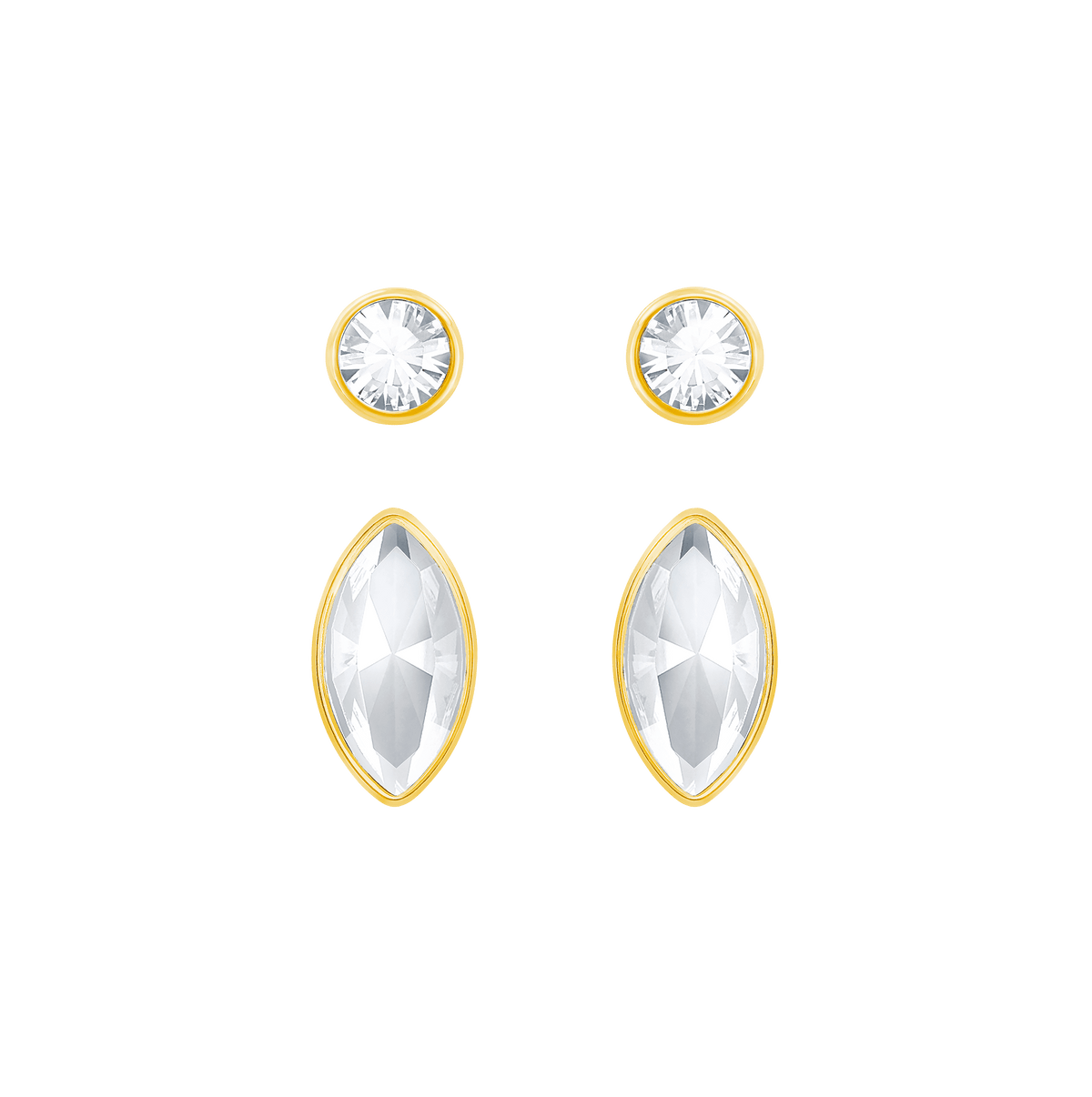Two pairs of earrings are shown: the top pair are small, round Swarovski earrings set in gold, while the bottom pair are larger, marquise-shaped clear gemstones, also in gold settings. Both pairs—elegant choices such as the Swarovski Harely Pierced Earrings by Swarovski—are displayed against a plain white background.