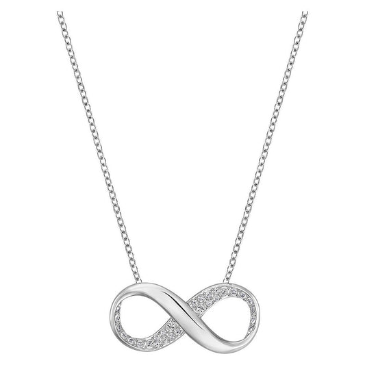 The Swarovski Infinite Necklace Pendant, crafted by Swarovski, showcases a silver infinity symbol partially adorned with sparkling crystals. Suspended from a delicate chain, its combination of smooth and textured surfaces beautifully represents timeless elegance and beauty.
