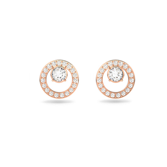 The Swarovski Creativity Stud Earrings elegantly showcase a central round diamond encircled by smaller diamonds, beautifully set in rose gold-plated metal. The symmetrical design is displayed on a white background, highlighting the sparkle typical of Swarovski jewelry.