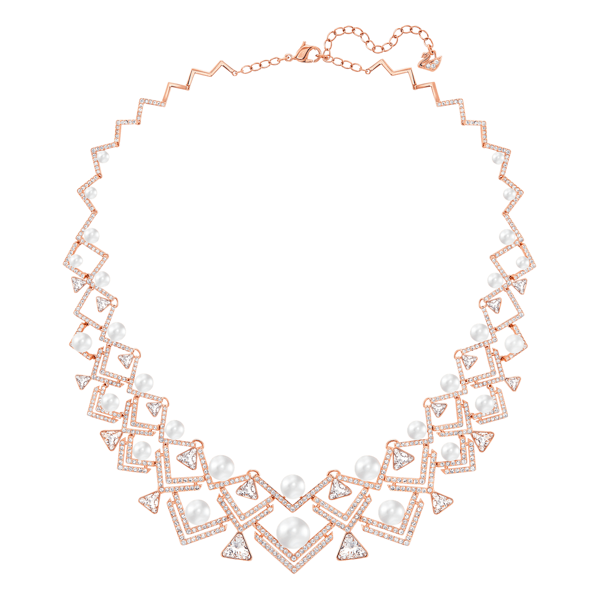 A rose gold Swarovski Necklace from Swarovski, featuring zigzag edges adorned with geometric shapes embellished with small diamonds and accented by round white pearls, exuding an elegant and sophisticated style.