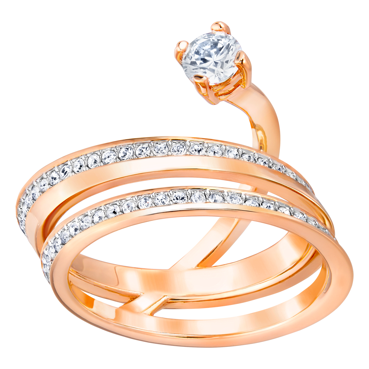 The SWAROVSKI FRESH Ring in rose gold, featuring a spiral design with two bands adorned with sparkling crystals and a single round crystal accent at one end, is displayed on a white background. Available in size 55 from Swarovski Canada.