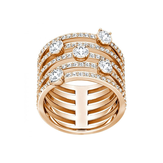 Introducing the Swarovski Creativity Ring: a stunning gold accessory featuring a coil silhouette with multiple bands adorned with dazzling, round diamonds. This rose gold-plated design showcases a tiered and layered look, highlighting prominent large diamonds on the outer bands while smaller crystals in between add extra sparkle.