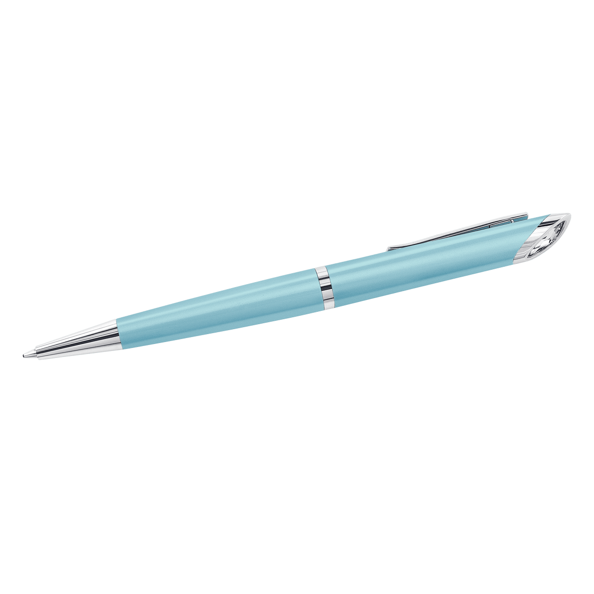 The Swarovski Crystal Starlight Pen Blue by Swarovski features a light blue body with silver accents, a metallic clip, and a hint of signature Swarovski Crystal elegance, displayed against a white background.