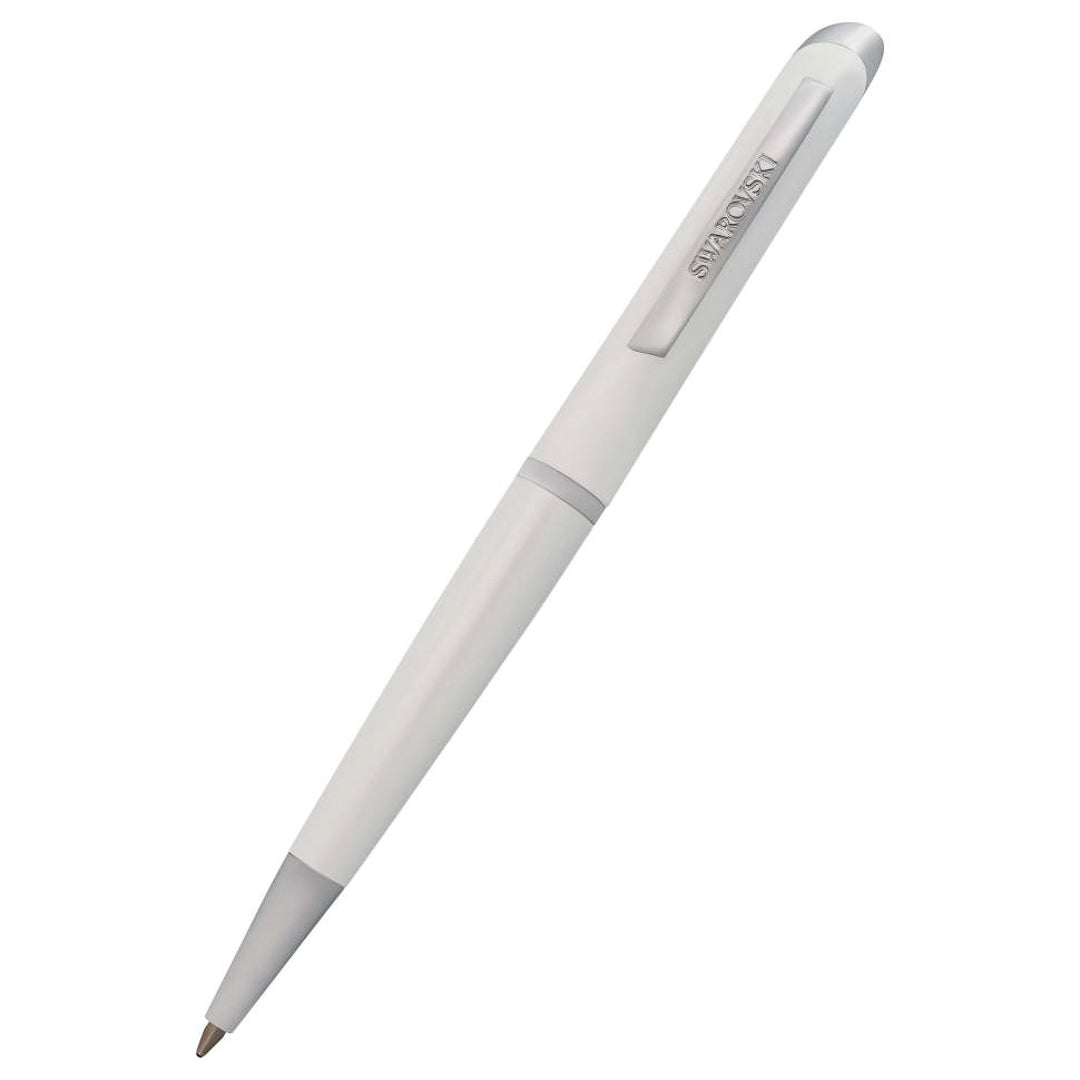 A contemporary white pen with silver accents and a clip, slightly angled to the left. The Swarovski name is embossed near the top. This Swarovski Starlight Ballpoint Pen boasts an elegant design, making it a true luxury writing instrument.