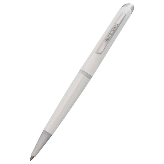 A contemporary white pen with silver accents and a clip, slightly angled to the left. The Swarovski name is embossed near the top. This Swarovski Starlight Ballpoint Pen boasts an elegant design, making it a true luxury writing instrument.