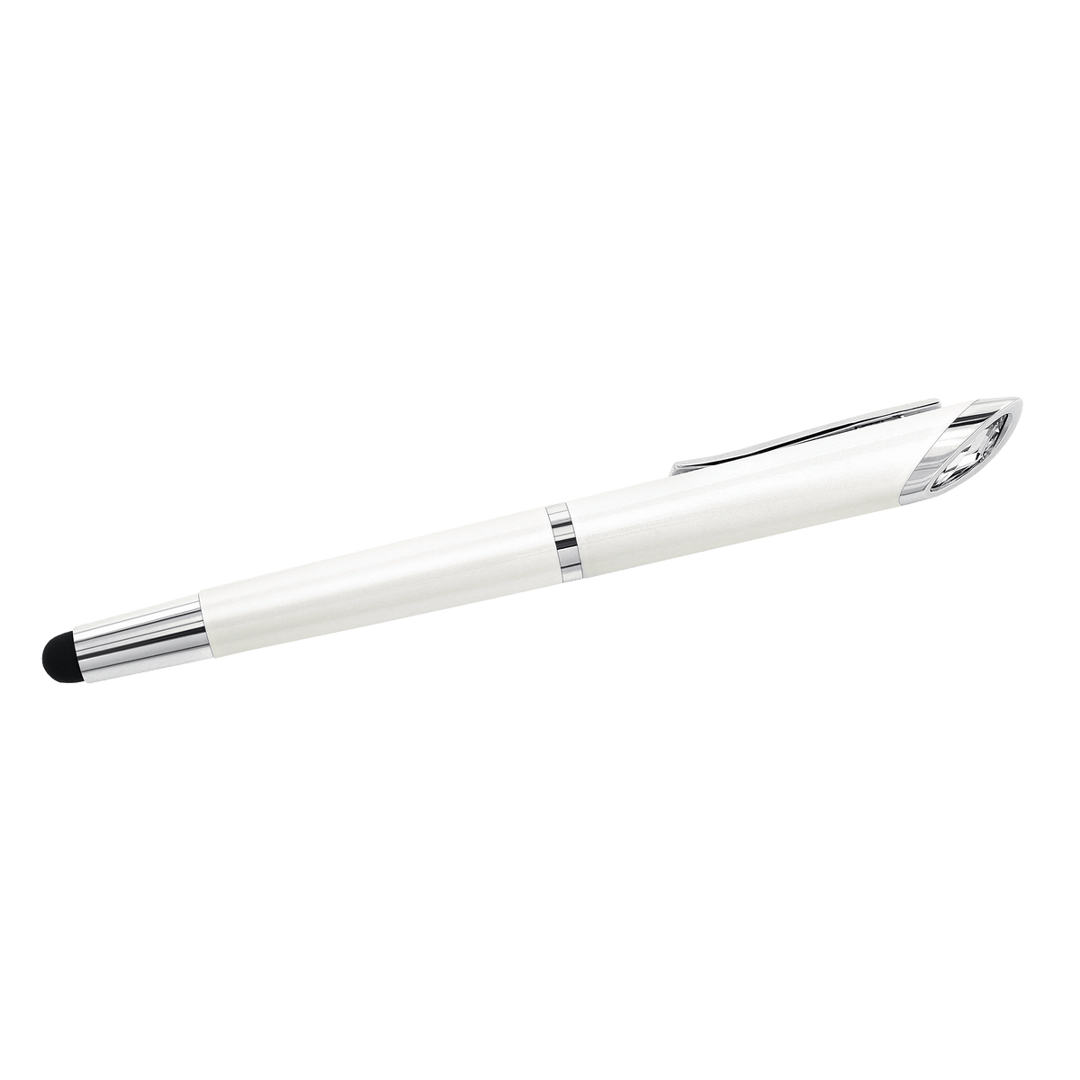 A Swarovski Crystal Starlight Sty Pen White by Swarovski, featuring a sleek white barrel with silver clip and accents, is displayed on a plain white background. This pen is designed with a black stylus tip on one end and is adorned with a signature Swarovski Crystal for an added touch of elegance.
