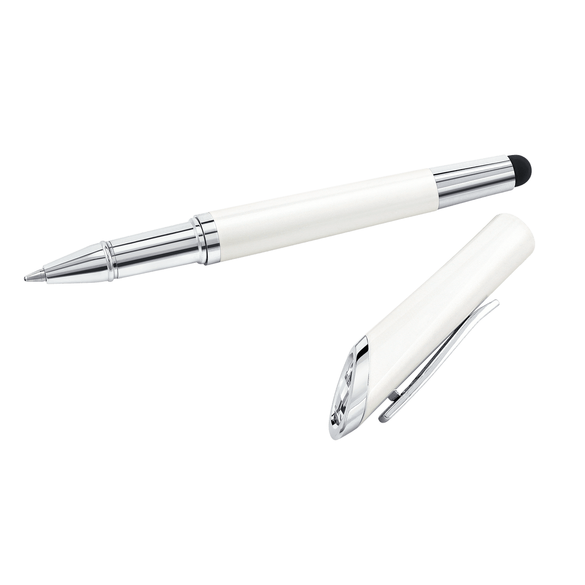The Swarovski Crystal Starlight Sty Pen White by Swarovski is displayed on a plain white background. The detachable cap, set beside the pen to reveal its clip, is adorned with an elegant Swarovski Crystal accent that adds a hint of sparkle inspired by Swarovski Canada.