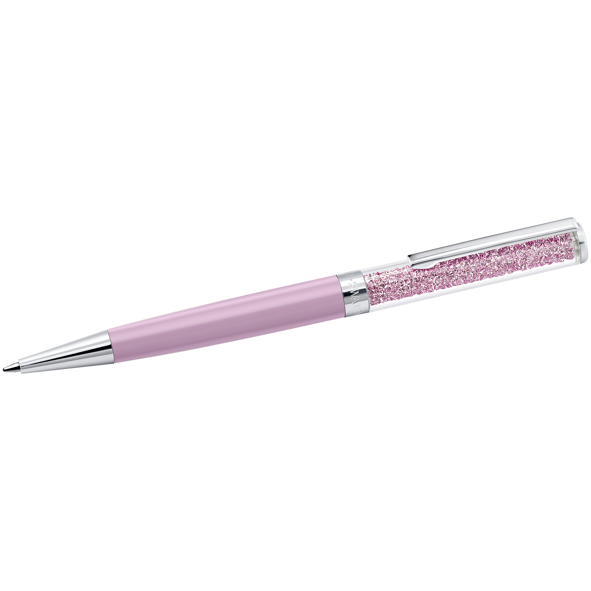 The Swarovski Crystalline Ballpoint Pen by Swarovski is a sleek lilac pen with a lavender barrel and a silver tip. Its transparent upper part reveals decorative purple crystals, showcasing the elegant crystalline technique.