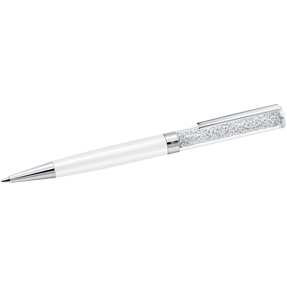 The Swarovski Crystalline ballpoint pen features a white lacquered finish and chrome-plated accents, with a clear barrel section filled with shimmering crystals—a sophisticated gift for any occasion—beautifully showcased against a plain white background.