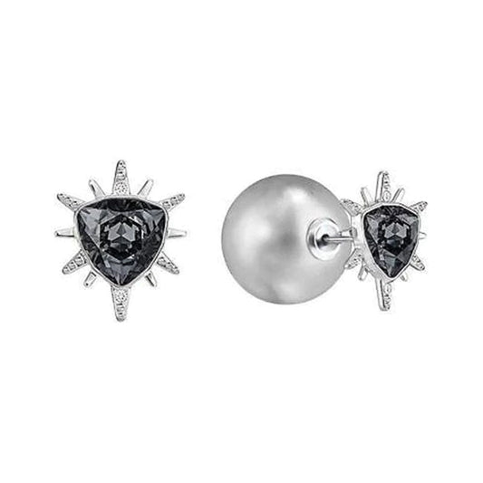 Explore the charm of Swarovski Fantastic Pierced 2 in 1 Stud Earrings showcasing a versatile design with large round pearls and triangular black gemstones arranged in a sunburst pattern. The earrings are further enhanced by pointed silver accents and a rhodium-plated finish for enduring brilliance.