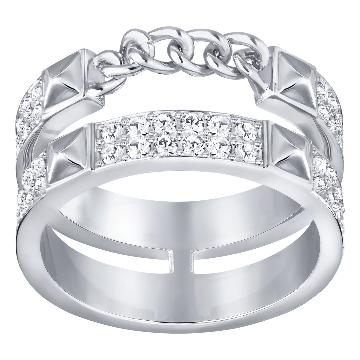 Introducing the SWAROVSKI FRICTION Ring White Size 55 by Swarovski—a striking piece showcasing two sleek silver-tone bands embellished with captivating Swarovski crystals, pyramid-shaped studs, and a stylish chain detail connecting the bands across the top. This ring is a dazzling choice for those seeking true Swarovski sophistication and elegance.