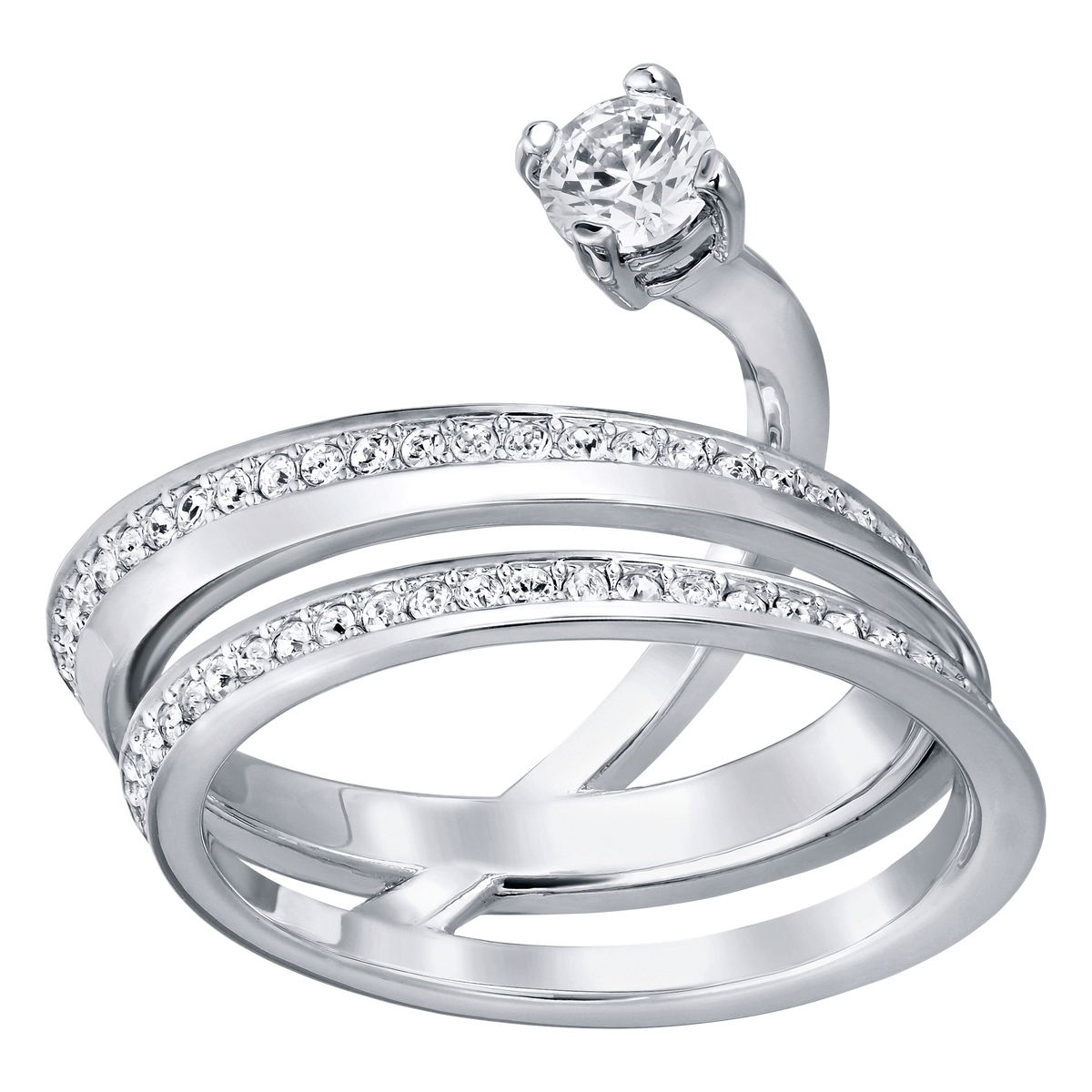 Introducing the Swarovski Ring 55 by Swarovski—a stunning silver ring with a spiral design, featuring two bands adorned with small clear stones and crowned with a larger round gemstone at the top. This piece perfectly showcases the elegance and exquisite craftsmanship of authentic Swarovski jewelry.