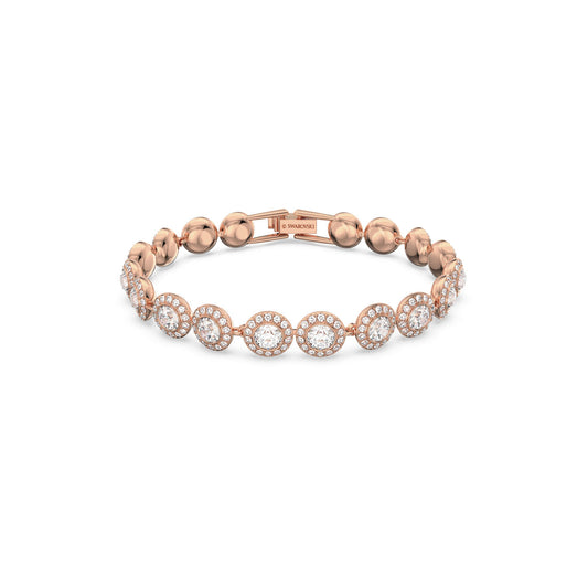 A stunning Swarovski Rose Gold Round Cut Angelic Bracelet featuring sparkling round crystals, each encircled by a crystal pavé and connected by smooth rose gold links. Elegant and delicate design on a plain white background.