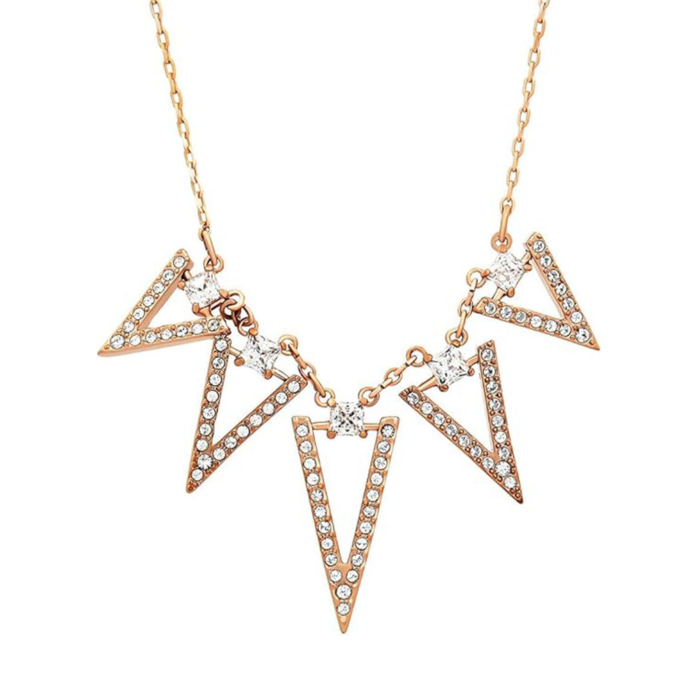 The Swarovski Funk Necklace Pendant by Swarovski showcases a rhodium-plated chain with five V-shaped pendants, each embellished with sparkling crystals and linked delicately for an exquisite finish.